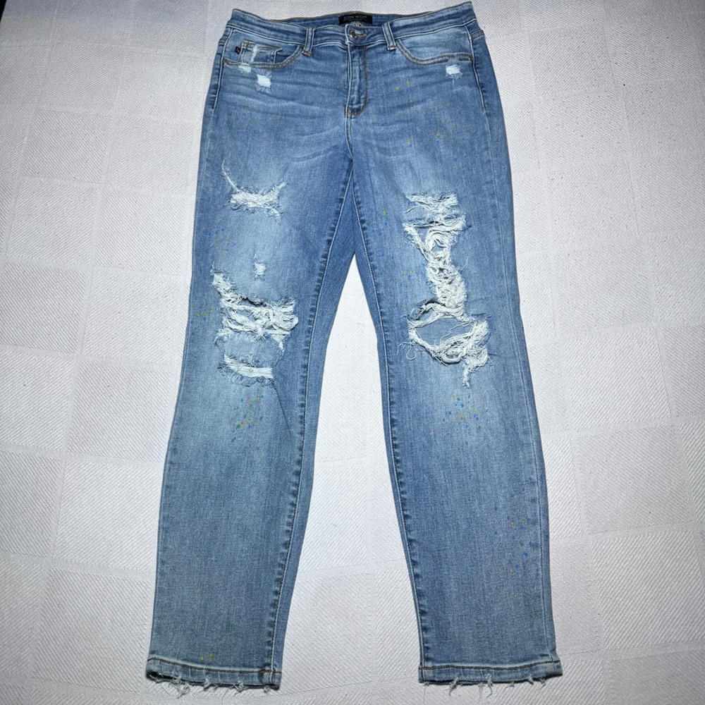 Judy Blue Boyfriend Fit Jeans Womens 11/30 Distressed Paint Splatter Medium Wash